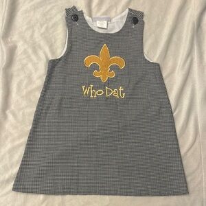 EUC Who Dat New Orleans Saints dress with Gold Fleur-de-Lis appliqué size 4